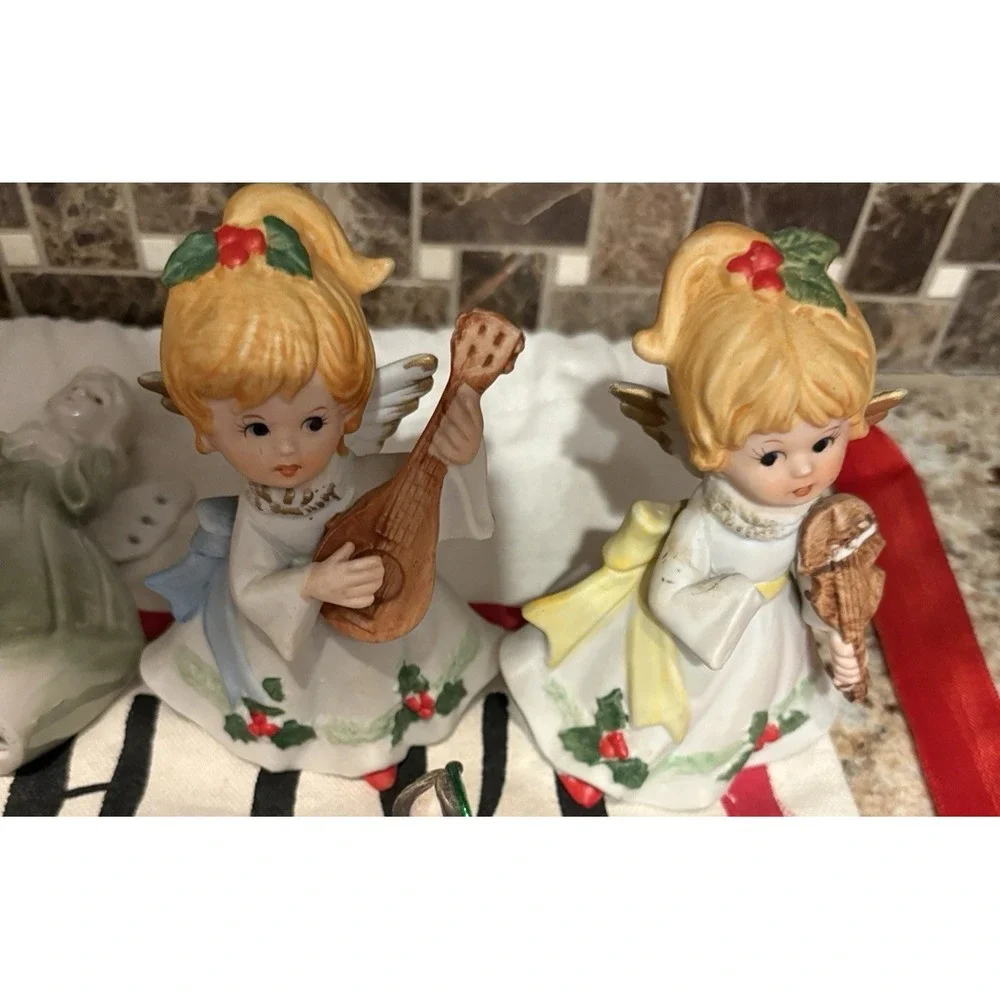 Angel Bell Ornament figurines‎ ceramic silver  Vintage Lot of 8